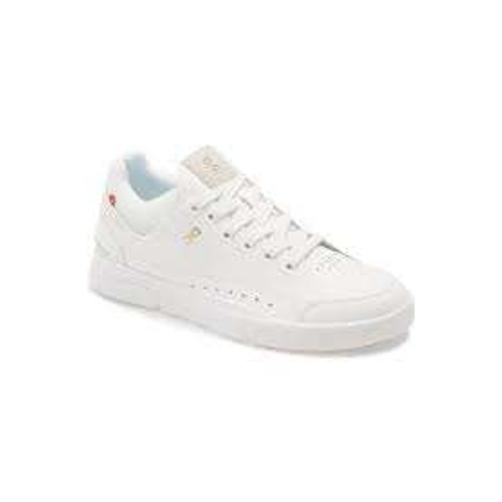 On Running White Low-Top Sneakers with Red Heel Accent and Gold Logo